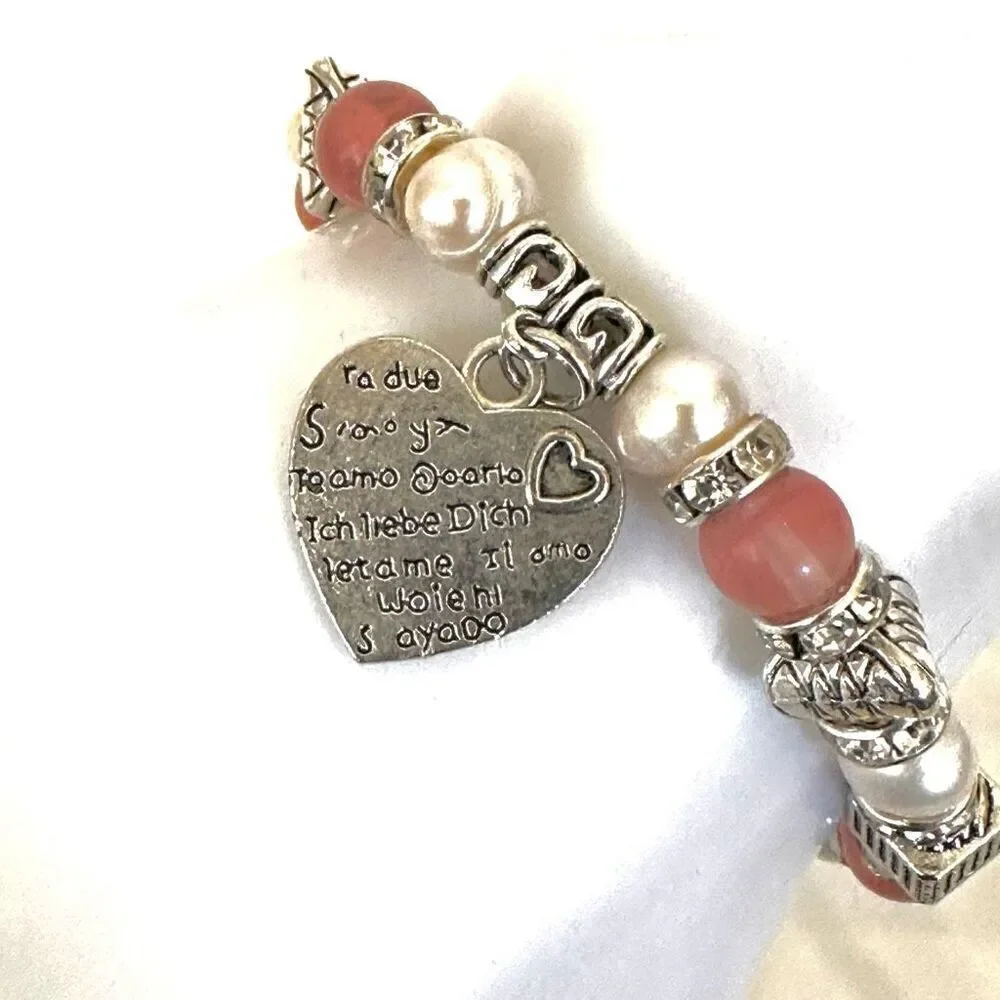 Pearl pink rhinestone heart charm bracelet